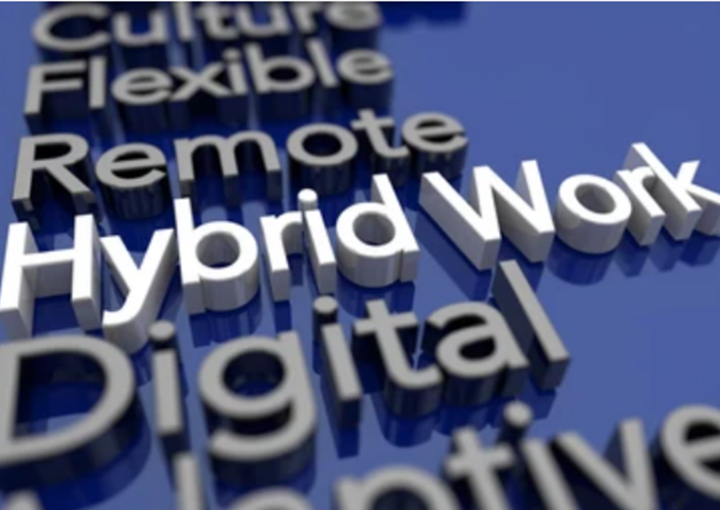 Hybrid work word written, showing the hybrid culture in modern office