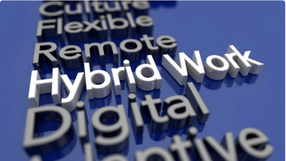 Hybrid work word written, showing the hybrid culture in modern office
