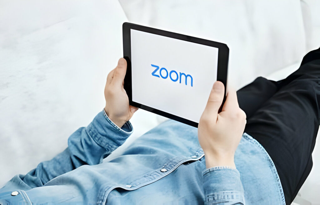 zoom video conferencing software on tablet